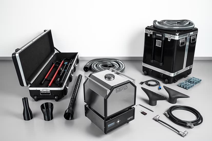 Complete Mr Fogger RAPS bundle — fog generator, control unit, applicator wands, nozzles, and flight cases